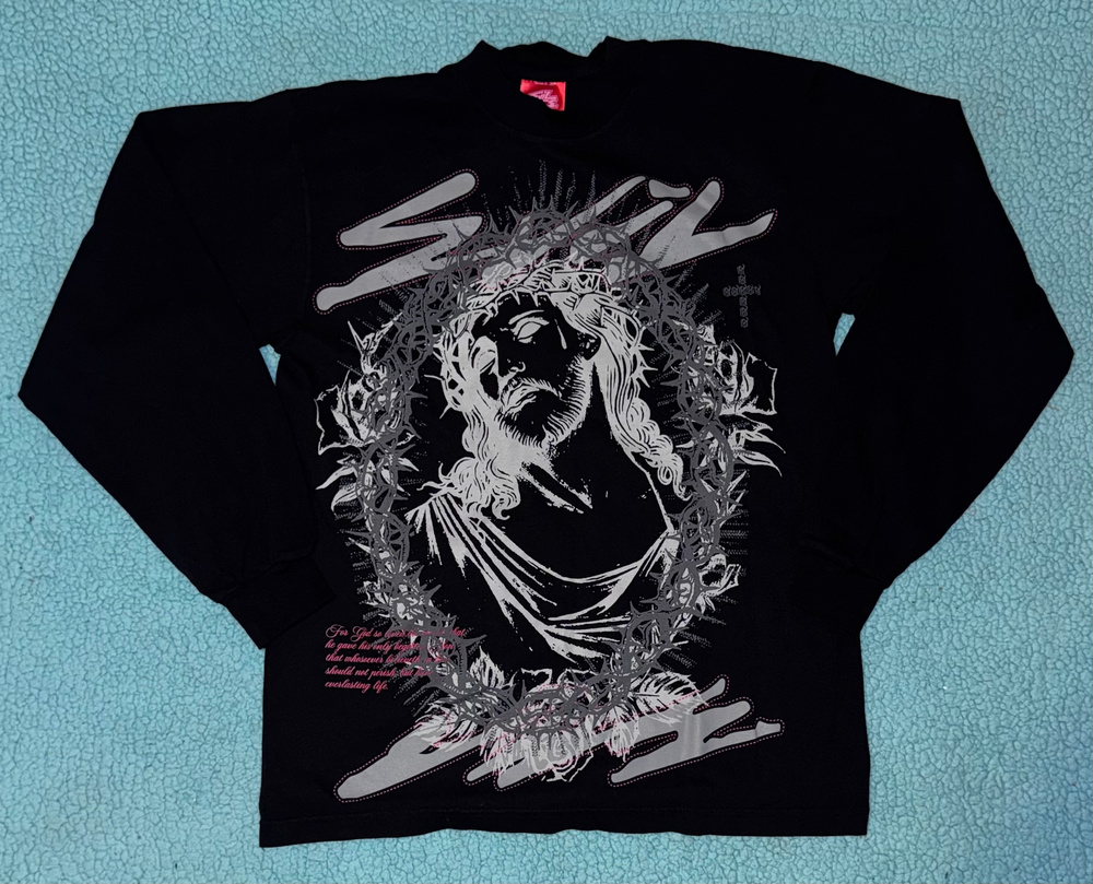 Evil Vice Jesus Graphic Long Sleeve T-Shirt Black Size Small Y2K Streetwear